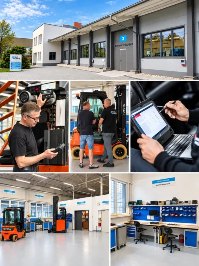 Koláž servisního zázemí UHS JAKOS: budova, technici, diagnostika, servisní hala a elektropracoviště